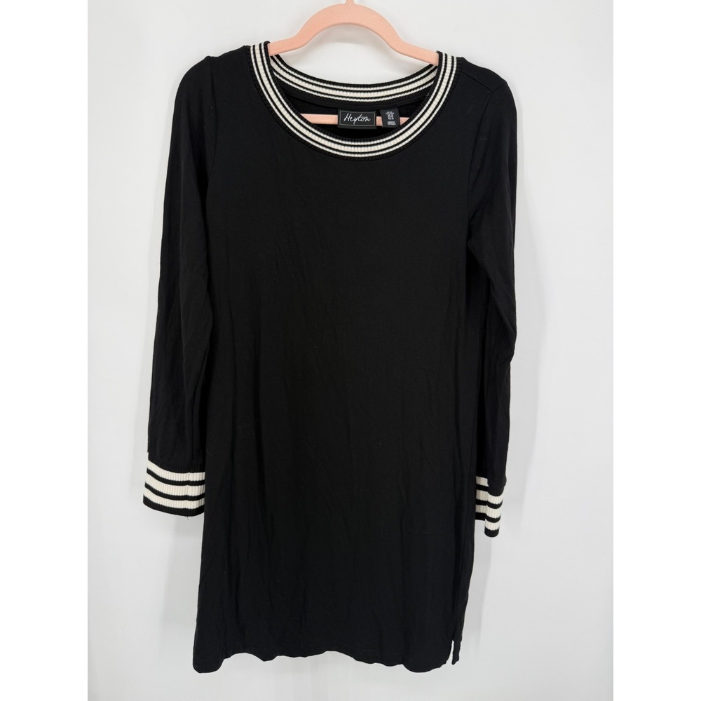 Heyton Shift Dress Women Medium Black Striped Ribbed Trim Long Sleeve Slits